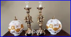 Vintage Crystal Hollywood Regency Art Deco Style Cherub Glass Gold Globe Lamps