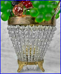 Vintage Czech Art Glass Fruit Basket Beaded Crystal Boudoir Lamp