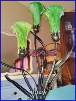 Vintage Dale Tiffany Style Table Lamp Glass Green Tulips Red Dragonfly Brass 21
