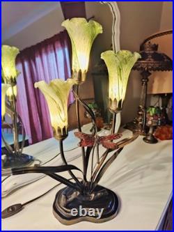 Vintage Dale Tiffany Style Table Lamp Glass Green Tulips Red Dragonfly Brass 21 Vintage Dale Tiffany Style Table Lamp Glass Green Tulips Red Dragonfly Brass 21