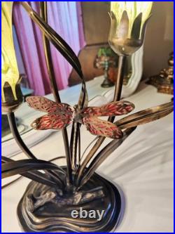 Vintage Dale Tiffany Style Table Lamp Glass Green Tulips Red Dragonfly Brass 21