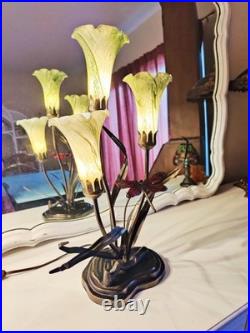 Vintage Dale Tiffany Style Table Lamp Glass Green Tulips Red Dragonfly Brass 21