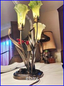 Vintage Dale Tiffany Style Table Lamp Glass Green Tulips Red Dragonfly Brass 21