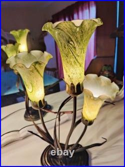 Vintage Dale Tiffany Style Table Lamp Glass Green Tulips Red Dragonfly Brass 21