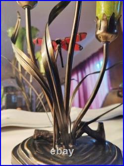 Vintage Dale Tiffany Style Table Lamp Glass Green Tulips Red Dragonfly Brass 21