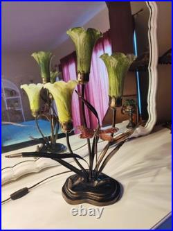 Vintage Dale Tiffany Style Table Lamp Glass Green Tulips Red Dragonfly Brass 21