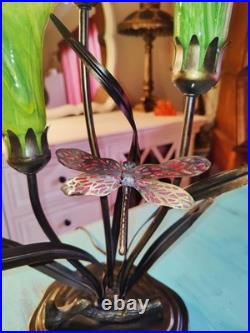 Vintage Dale Tiffany Style Table Lamp Glass Green Tulips Red Dragonfly Brass 21 Vintage Dale Tiffany Style Table Lamp Glass Green Tulips Red Dragonfly Brass 21