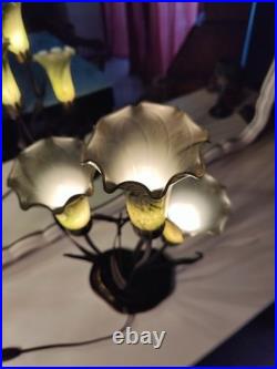Vintage Dale Tiffany Style Table Lamp Glass Green Tulips Red Dragonfly Brass 21