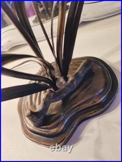 Vintage Dale Tiffany Style Table Lamp Glass Green Tulips Red Dragonfly Brass 21