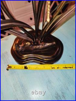 Vintage Dale Tiffany Style Table Lamp Glass Green Tulips Red Dragonfly Brass 21