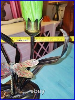 Vintage Dale Tiffany Style Table Lamp Glass Green Tulips Red Dragonfly Brass 21
