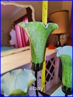 Vintage Dale Tiffany Style Table Lamp Glass Green Tulips Red Dragonfly Brass 21