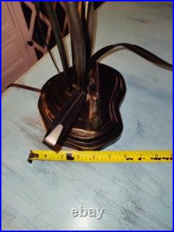 Vintage Dale Tiffany Style Table Lamp Glass Green Tulips Red Dragonfly Brass 21