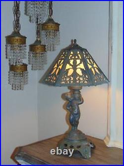 Vintage EF & EF CHERUB LAMP withART DECO 6 PANEL SLAG GLASS SHADE 22 1/2 tall