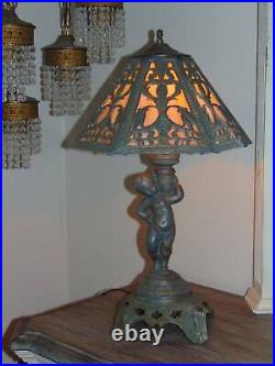 Vintage EF & EF CHERUB LAMP withART DECO 6 PANEL SLAG GLASS SHADE 22 1/2 tall