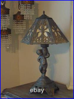 Vintage EF & EF CHERUB LAMP withART DECO 6 PANEL SLAG GLASS SHADE 22 1/2 tall