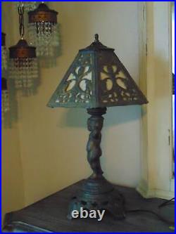 Vintage EF & EF CHERUB LAMP withART DECO 6 PANEL SLAG GLASS SHADE 22 1/2 tall