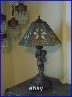 Vintage EF & EF CHERUB LAMP withART DECO 6 PANEL SLAG GLASS SHADE 22 1/2 tall