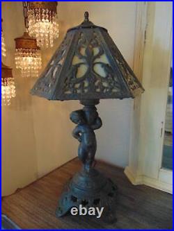 Vintage EF & EF CHERUB LAMP withART DECO 6 PANEL SLAG GLASS SHADE 22 1/2 tall