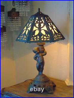 Vintage EF & EF CHERUB LAMP withART DECO 6 PANEL SLAG GLASS SHADE 22 1/2 tall