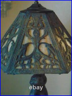 Vintage EF & EF CHERUB LAMP withART DECO 6 PANEL SLAG GLASS SHADE 22 1/2 tall