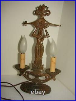 Vintage Egyptian Revival Art Deco Figural Lady Metal Electric Table Lamp