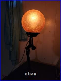 Vintage Frankart Style Art Deco Nude Nymph Lamp Amber Crackle Glass Globe L254