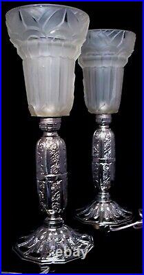 Vintage French Art Deco Leon Hugue Pair Uplight Lamps C. 1925