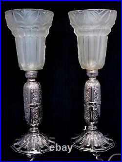 Vintage French Art Deco Leon Hugue Pair Uplight Lamps C. 1925