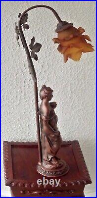 Vintage French Art Deco Nouveau Style Signed Table Lamp Statue Metal Resin