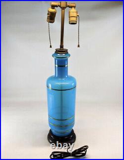 Vintage French Hand Blown Blue Opaline Glass Lamp 2 Light Pull Chain Gold Detail