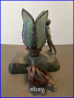 Vintage German Bronze Art Deco Boy Peeking Desk Lamp with Tiffany Style Shade
