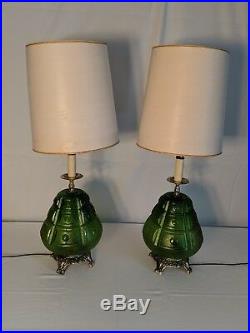 Vintage Green Lamps Pair Glass And Brass Art Deco Retro Lights