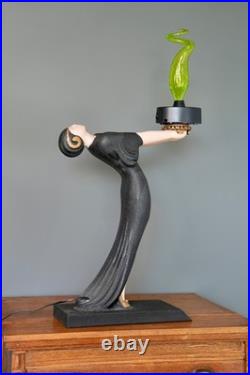Vintage Green Plasma Light Art Deco Lady Sculpture Table Lamp Lightning Art