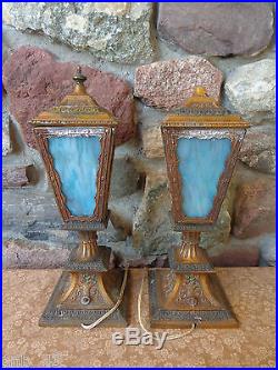 Vintage Heavy Cast Art Deco Reverse Painted Electric Table Lamps for Restoration