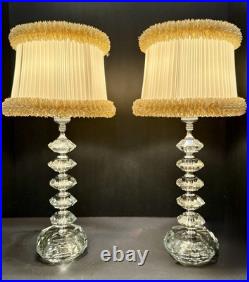 Vintage Hollywood Regency Pair Stacked Crystal Like Lamps Original Shades