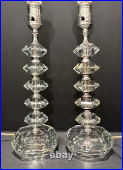 Vintage Hollywood Regency Pair Stacked Crystal Like Lamps Original Shades