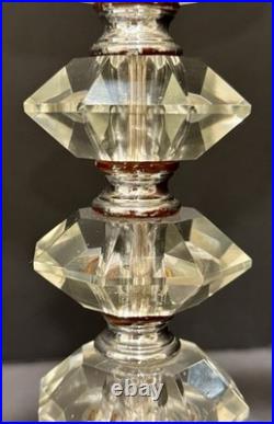 Vintage Hollywood Regency Pair Stacked Crystal Like Lamps Original Shades