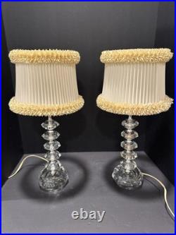 Vintage Hollywood Regency Pair Stacked Crystal Like Lamps Original Shades