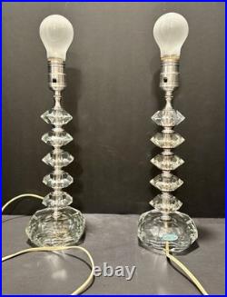 Vintage Hollywood Regency Pair Stacked Crystal Like Lamps Original Shades