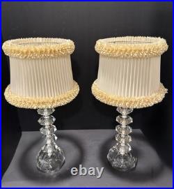 Vintage Hollywood Regency Pair Stacked Crystal Like Lamps Original Shades