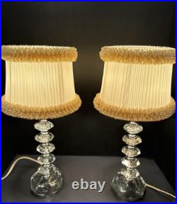 Vintage Hollywood Regency Pair Stacked Crystal Like Lamps Original Shades