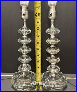 Vintage Hollywood Regency Pair Stacked Crystal Like Lamps Original Shades