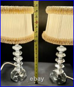 Vintage Hollywood Regency Pair Stacked Crystal Like Lamps Original Shades
