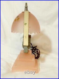 Vintage Houzex Pink Satin Glass Hand Painted Art Deco Lamp 1930's-1940's