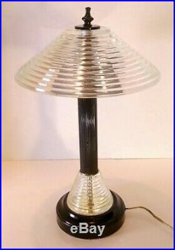 Vintage Industrial Art Deco Table Desk Lamp Stepped Manhattan Glass Shade