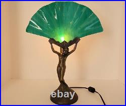 Vintage Lady Winged Victory Lamp Nude Woman Glass Fan Teal Shade Art Deco WORKS