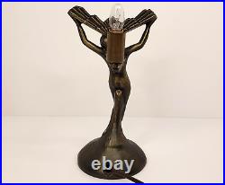 Vintage Lady Winged Victory Lamp Nude Woman Glass Fan Teal Shade Art Deco WORKS