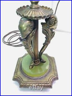 Vintage Lamp Base Neoclassical Art Deco Rams Heads Green Onyx Colonial Premiere
