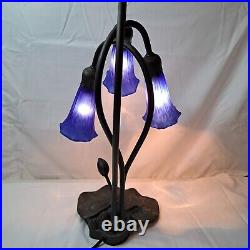 Vintage Lilly Table Desk Lamp With 3 Cobalt Blue Tulip Shades Speckled Look